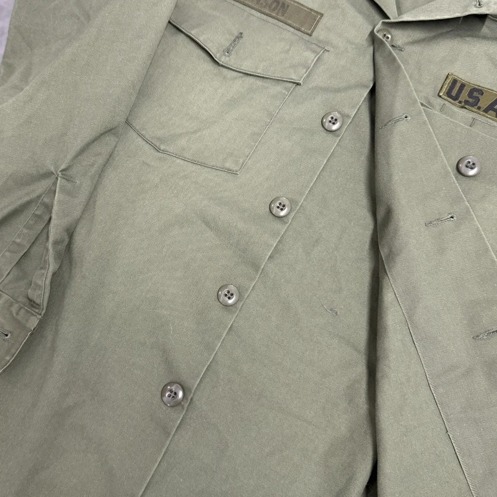 US Army Military Field Shirt Mens Large Green Good OG-107 Utility Jacket Patched